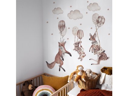 Dětská nálepka na zeď Party animals - srnka, zajíček a liška s balony