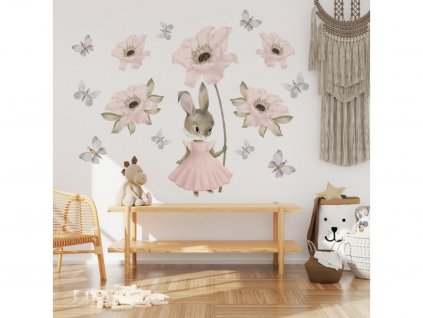 Dětská nálepka na zeď Pastel bunnies - zajíček, květiny a motýly
