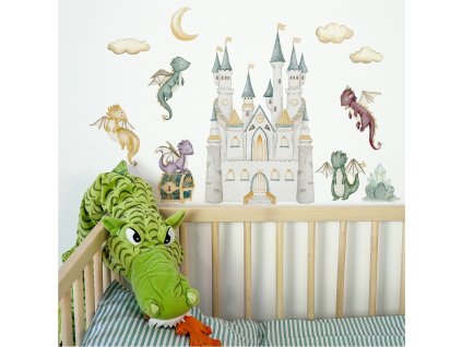 Dětská nálepka na zeď The world of dragons - draci, vajíčka, poklad, diamanty a zámek
