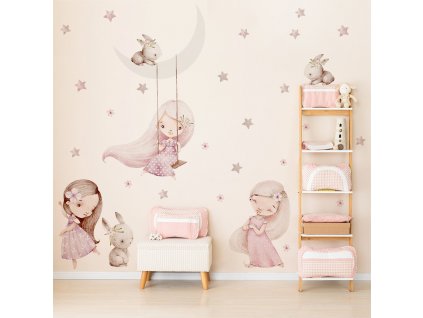 Dětská nálepka na zeď Princezny, zajíčci a hvězdičky