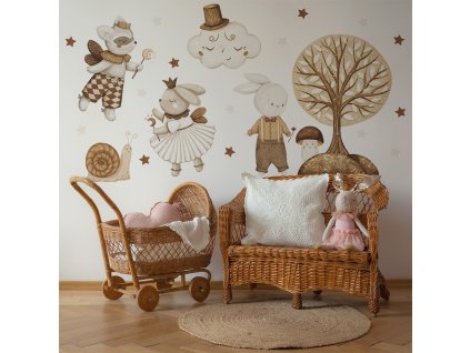 Dětská nálepka na zeď Stories from the wonderland - medvídek, zajíčci, šnek, obláčky a měsíc