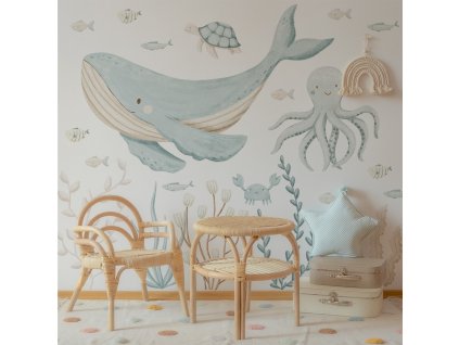 Dětská nálepka na zeď Sea voyage - velryba, chobotnice a mořské řasy
