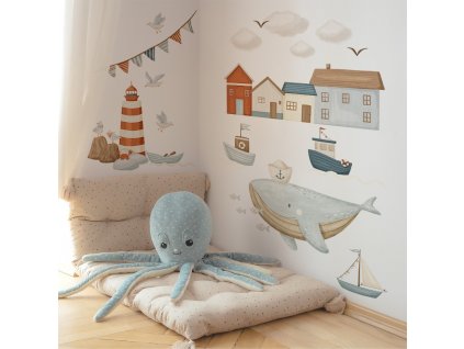 Dětská nálepka na zeď Sea voyage - velryba, loďky a domečky