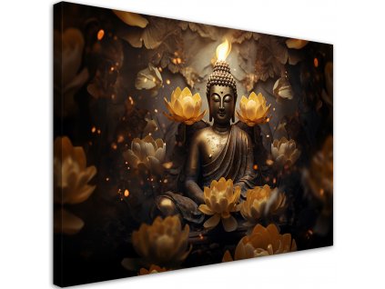 Obraz na plátně Zlatý Budha a lotosové květiny