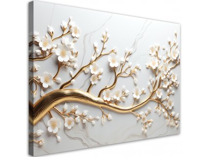 Obraz na plátně Bílé květiny na zlaté větvi