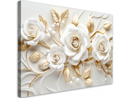 Obraz na plátně Bílé růže se zlatými listy