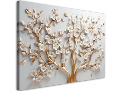 Obraz na plátně Bílé květy magnólie na zlatých větvích