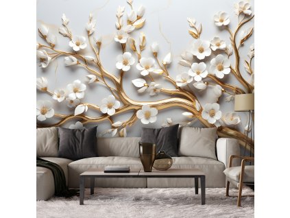 Fototapeta Zlatá větev s bílými květy magnólie