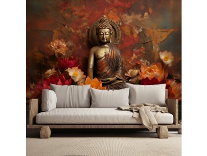 Fototapeta Socha meditujícího Budhy a barevné květiny