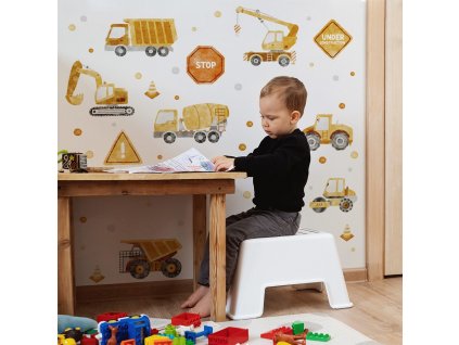 Dětská nálepka na zeď Stavba - míchačka, bagr, buldozer a nákladní automobil