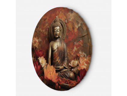 Kulatý obraz na plátně Socha meditujícího Budhy a barevné květiny