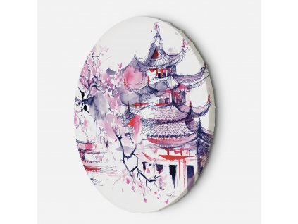 Kulatý obraz na plátně Japonská pagoda a třešňový květ