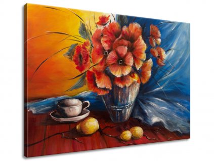 Ručně malovaný obraz Váza s vlčím mákem na stole (Velikost 120 x 80 cm)