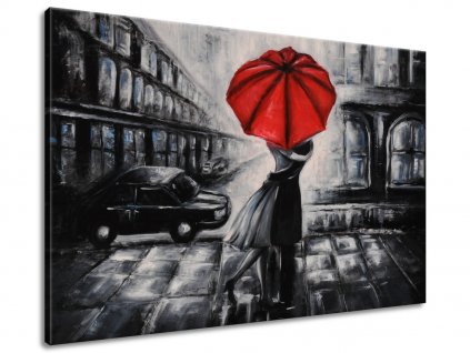 Ručně malovaný obraz Červený polibek v dešti (Velikost 70 x 100 cm)