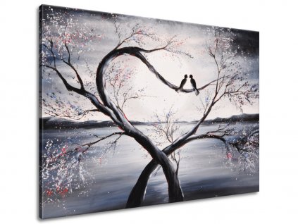 Ručně malovaný obraz Ptačí láska na větvi (Velikost 115 x 85 cm)