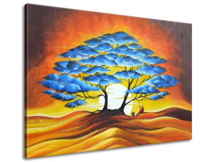 Ručně malovaný obraz Odpočinek pod modrým stromem (Velikost 70 x 100 cm)