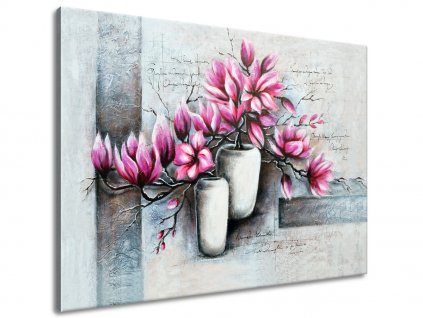 Ručně malovaný obraz Růžové magnolie ve váze (Velikost 70 x 100 cm)