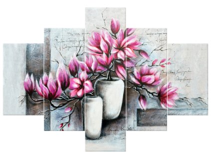 Ručně malovaný obraz Růžové magnolie ve váze - 5 dílný