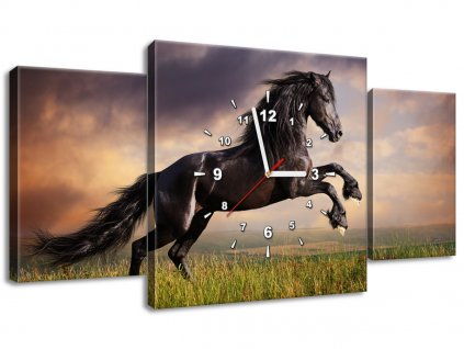 Obraz s hodinami Silný černý kůň 80x40cm (Velikost 80 x 40 cm)