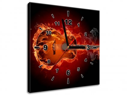 Obraz s hodinami Hořící kytara (Velikost 30 x 30 cm)