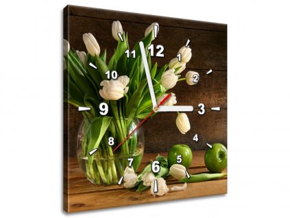 Obraz s hodinami Okouzlující bílé tulipány (Velikost 30 x 30 cm)