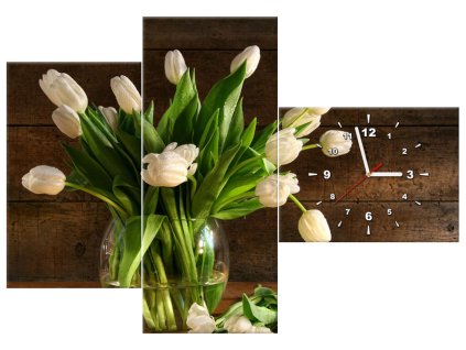 Obraz s hodinami Okouzlující bílé tulipány - 3 dílný