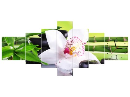 Obraz s hodinami Bílá orchidej a kameny - 7 dílný