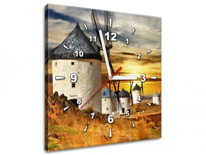 Obraz s hodinami Větrné mlýny ve Španělsku (Velikost 30 x 30 cm)