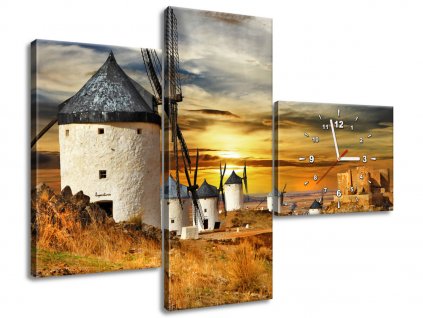 Obraz s hodinami Větrné mlýny ve Španělsku 100x70cm (Velikost 100 x 70 cm)