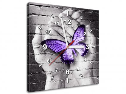 Obraz s hodinami Fialový motýl na dlaních (Velikost 30 x 30 cm)
