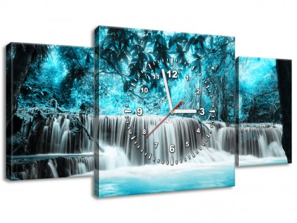 Obraz s hodinami Vodopád v modré džungli 80x40cm (Velikost 80 x 40 cm)