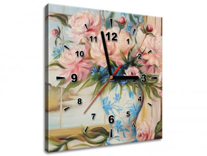 Obraz s hodinami Barevné květiny ve váze (Velikost 30 x 30 cm)