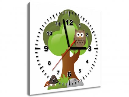 Obraz s hodinami Veselá sova na stromě (Velikost 30 x 30 cm)