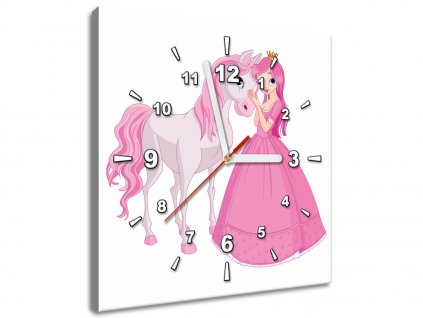 Obraz s hodinami Princezna s růžovým koníkem (Velikost 30 x 30 cm)