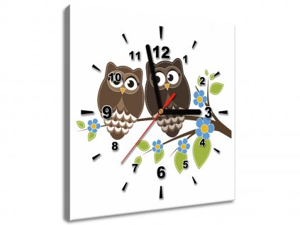 Obraz s hodinami Hnědé sovičky na větvi (Velikost 30 x 30 cm)