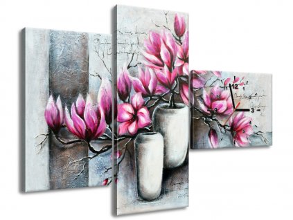 Obraz s hodinami Růžové magnolie ve váze 100x70cm (Velikost 90 x 30 cm)