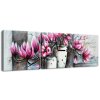 Obraz s hodinami Růžové magnolie ve váze - 3 dílný