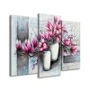 Obraz s hodinami Růžové magnolie ve váze - 3 dílný