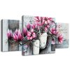 Obraz s hodinami Růžové magnolie ve váze - 3 dílný