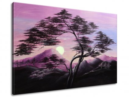 Kézzel festett kép Hegyi táj és erős fa
