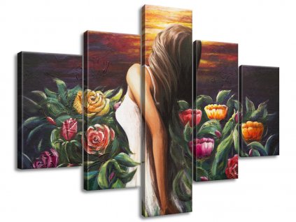 5 részes kézzel festett kép Nő a virágok között