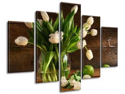 5 részes órás falikép Elbűvölő fehér tulipánok