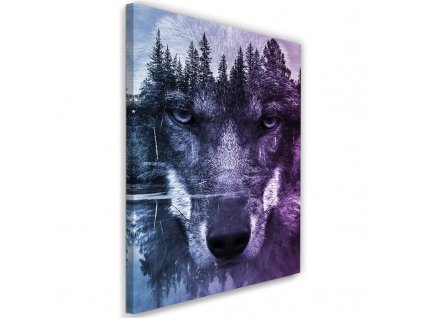 Vászonkép Absztrakt farkas erdei és tavi háttérrel