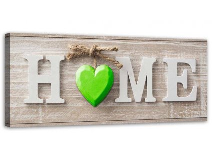 Vászonkép Otthon felirat zöld szívvel világos fán