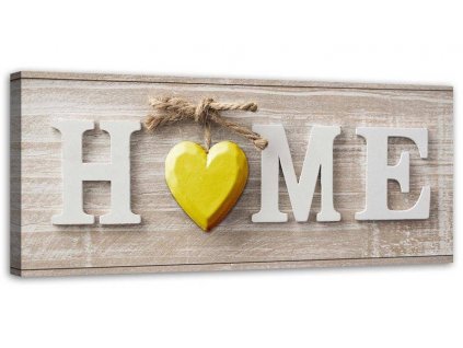 Vászonkép Otthon felirat sárga szívvel világos fán