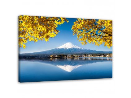 Vászonkép Fudzsi-hegy, tó és sárga levelek