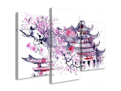 Vászonkép Festett japán pagoda és cseresznyevirág - 3 részes