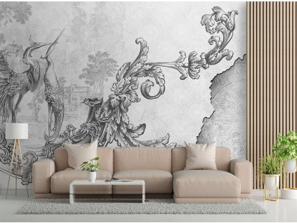 Fotótapéta Vadmadarak és levelek keleti freskón, fekete-fehér