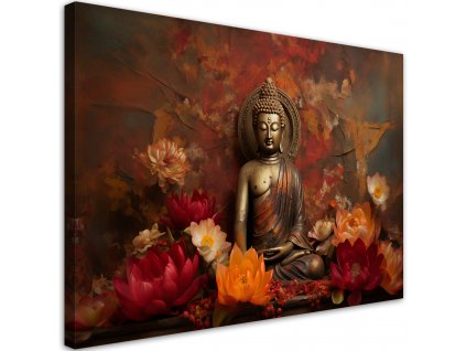 Vászonkép Meditáló Buddha szobor és színes virágok