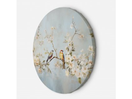 Kerek vászonkép Színes madarak egy ágon virágokkal